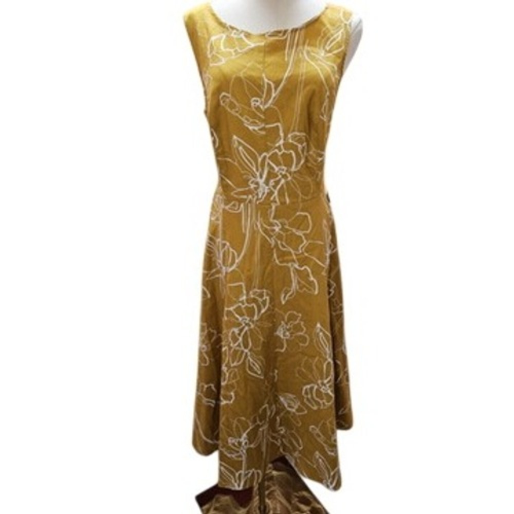 NEW NY&CO Eva Mendes Gold Floral Tie‎ Back Pencil Sheath Summer Dress sz 6 M